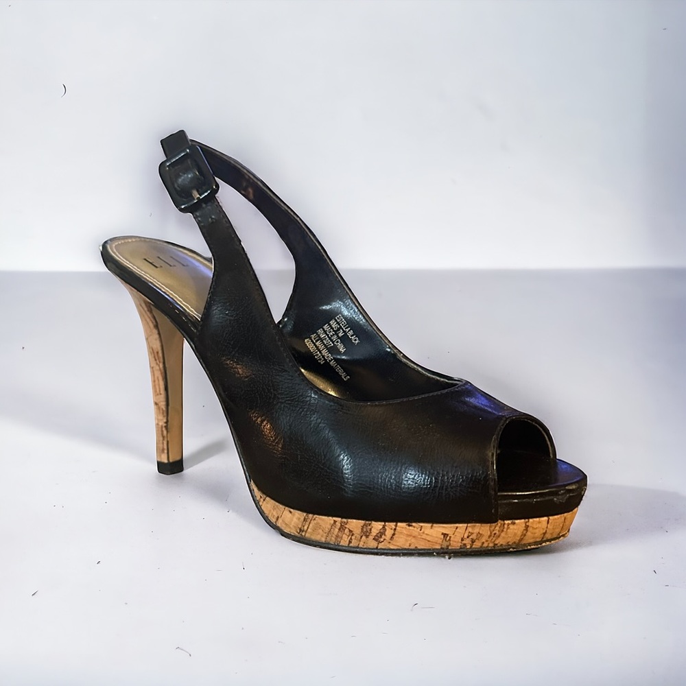 Elle Estella black sling back peep toe cork sole heels
